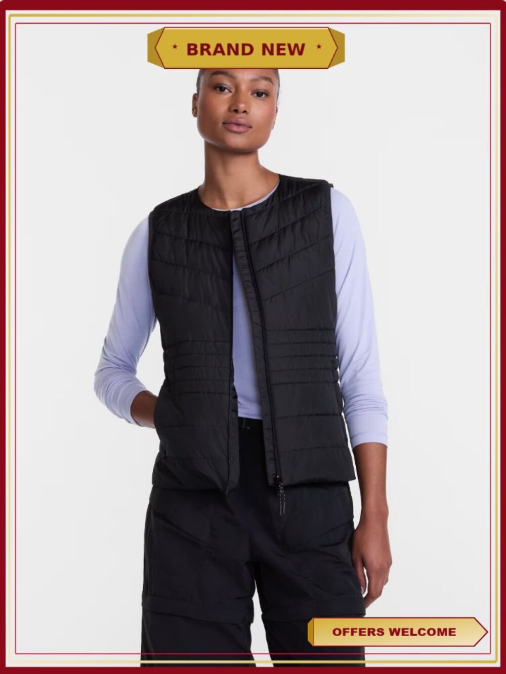Collarless Puffer Vest Zip Up Side Pockets Layer Warmth